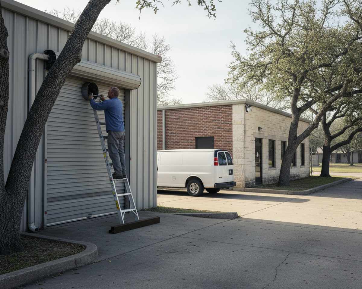Technician servicing a rolling steel curtain during a commercial garage door repair in Round Rock TX