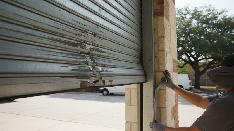 Scuffed slats and a bent side guide on a commercial rolling steel door in Round Rock TX