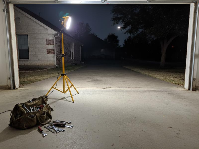 Work light and open tool bag set up for an after hours garage door repair in a dark garage