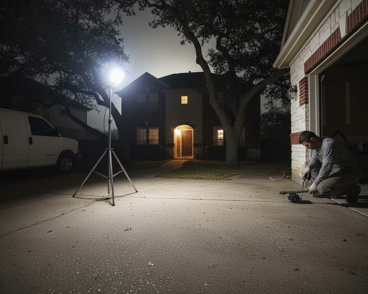 Work light set up for an emergency garage door repair in Round Rock TX after dark