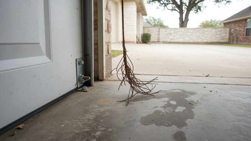 Rusted lift cable hanging loose with frayed strands beside a garage door bottom bracket