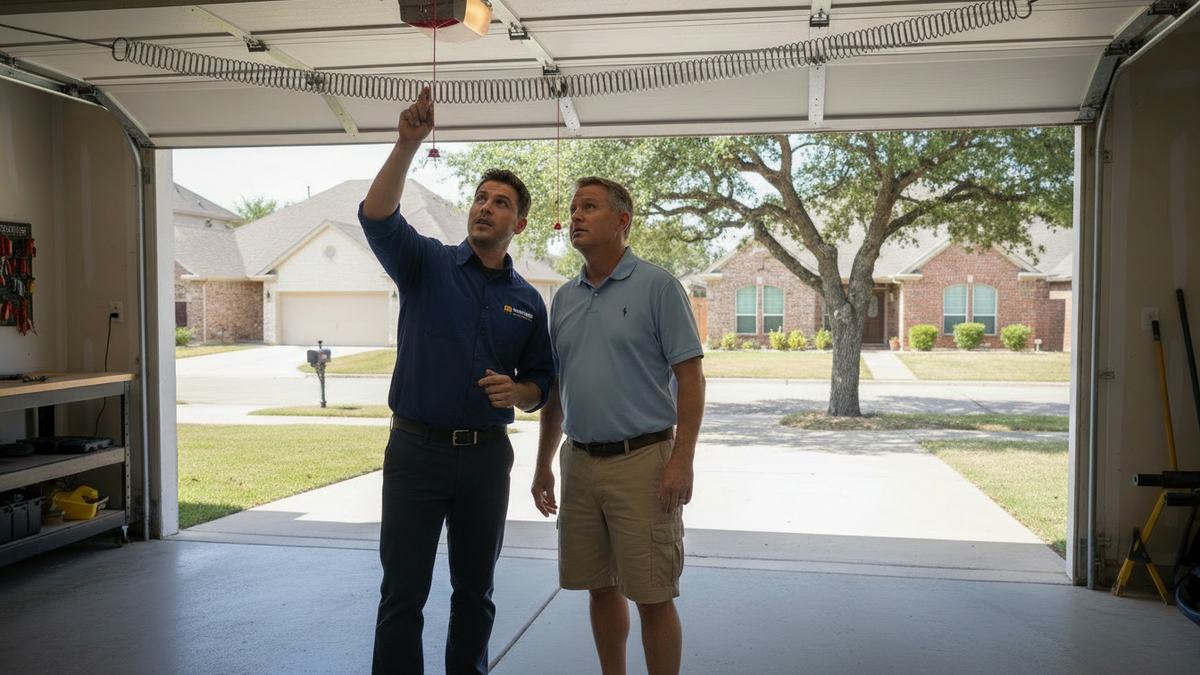 Garage Door Care of Round Rock technician in a navy company shirt pointing out the torsion spring to a homeowner inside a Round Rock garage
