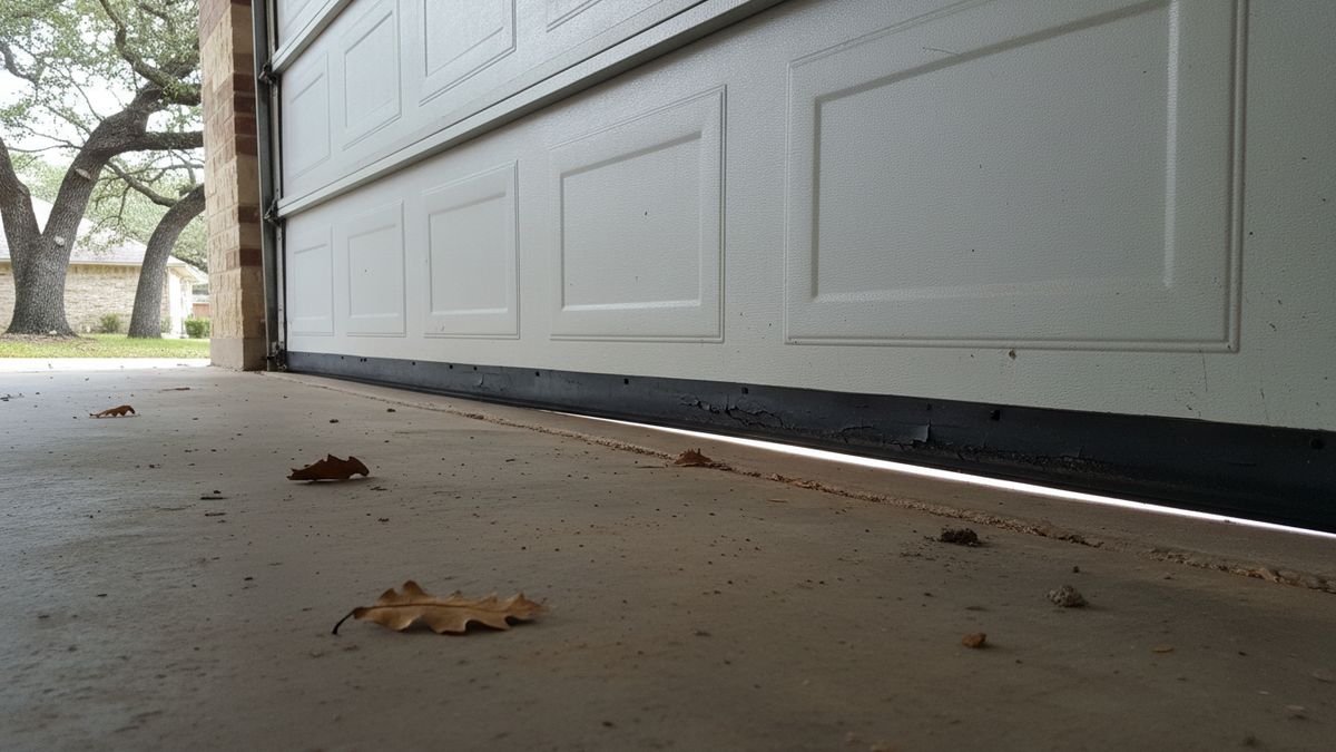 Close view of a worn rubber bottom seal on a garage door with a gap of daylight along the concrete slab