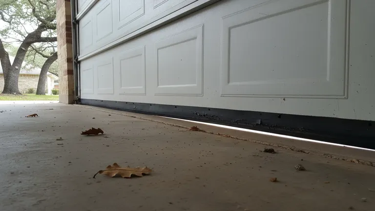 Close view of a worn rubber bottom seal on a garage door with a gap of daylight along the concrete slab