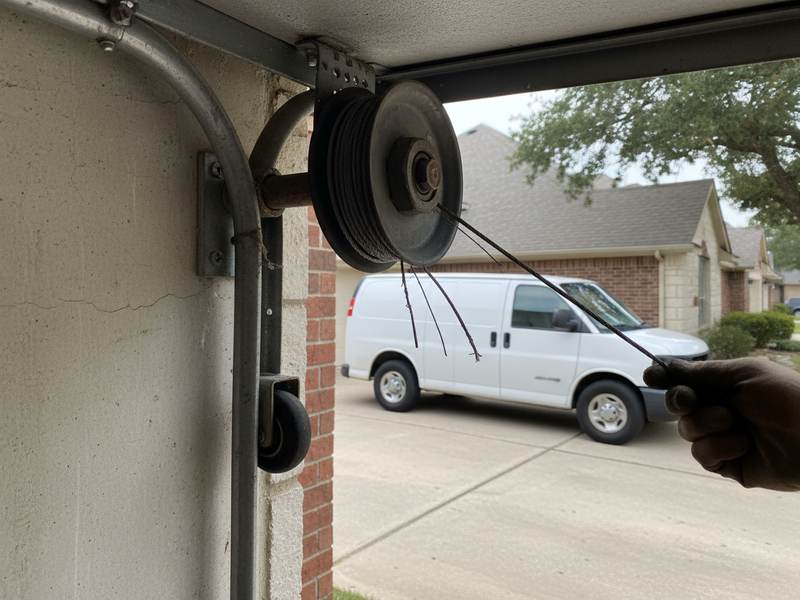 Frayed lift cable coming off the cable drum at the top of a garage door track