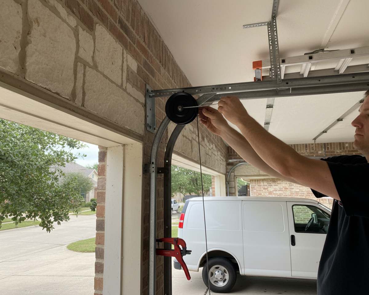 Technician re-spooling a new lift cable onto the drum during a garage door cable repair in Round Rock TX