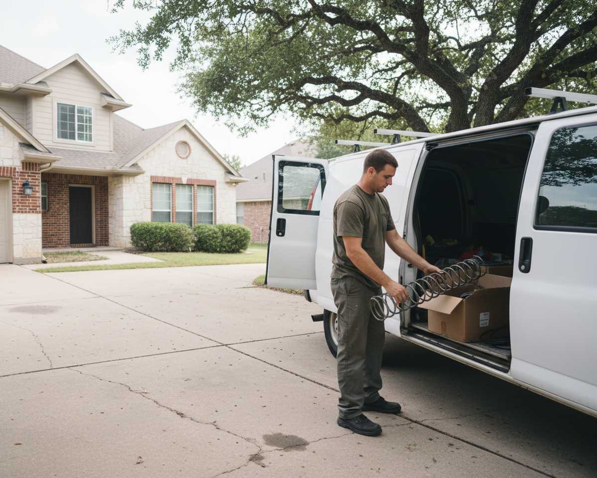 Technician loading spring stock into a service van, a garage door company in Round Rock TX at work