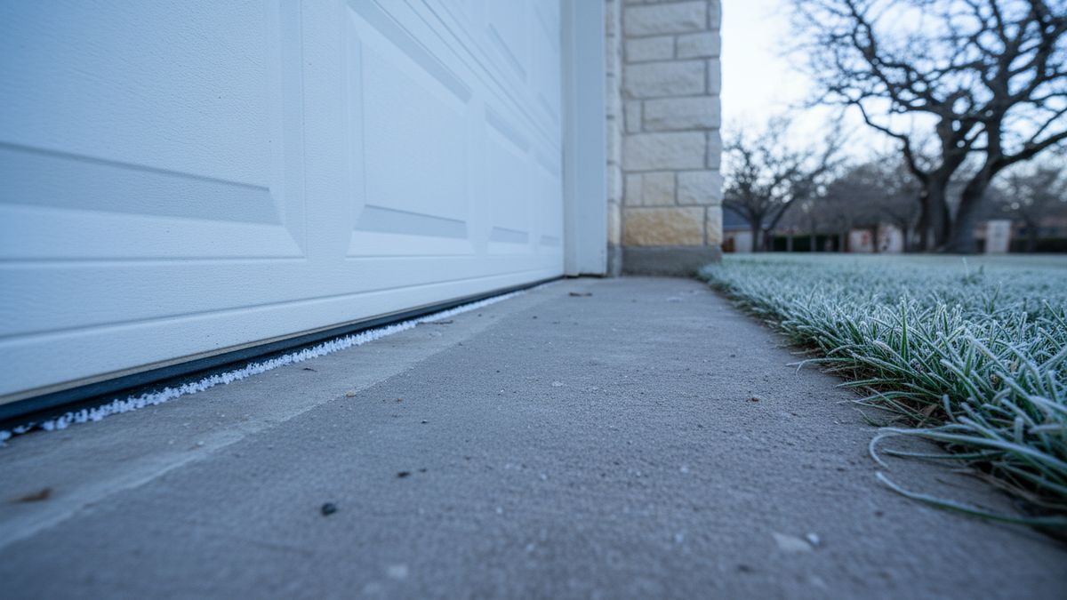 Frost along the rubber bottom seal of a white steel garage door on a Round Rock driveway at first light