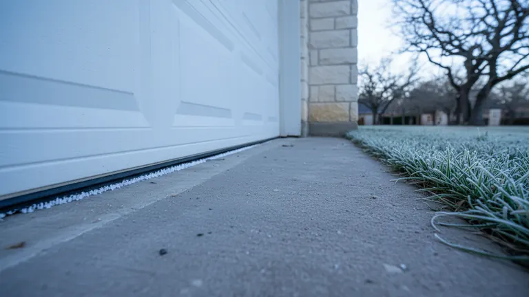 Frost along the rubber bottom seal of a white steel garage door on a Round Rock driveway at first light