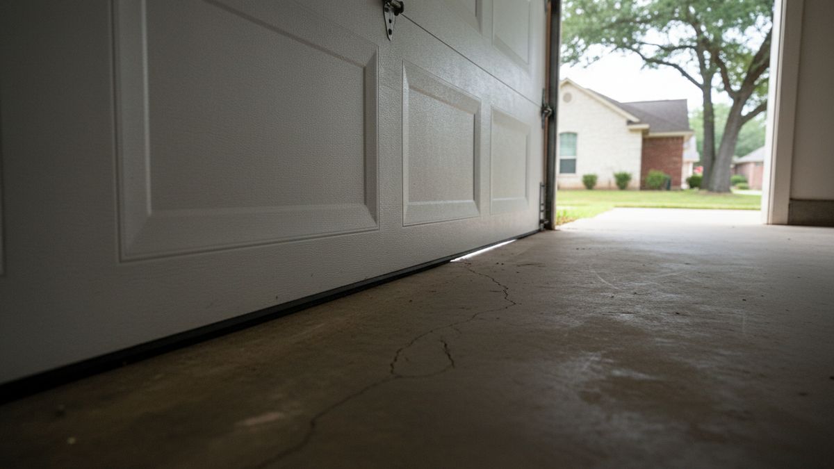 Wedge of daylight under one corner of a closed white garage door on a concrete slab in Round Rock, TX