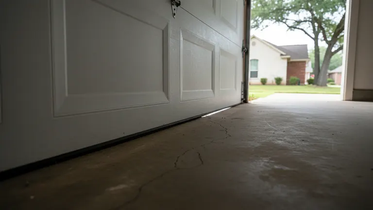 Wedge of daylight under one corner of a closed white garage door on a concrete slab in Round Rock, TX