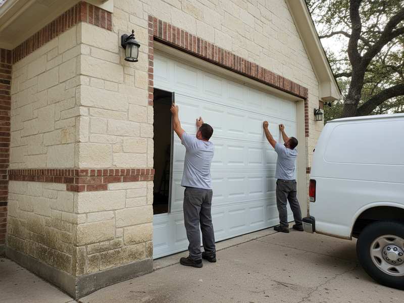 Two fitters holding a new white steel garage door section up to the opening of a Central Texas home