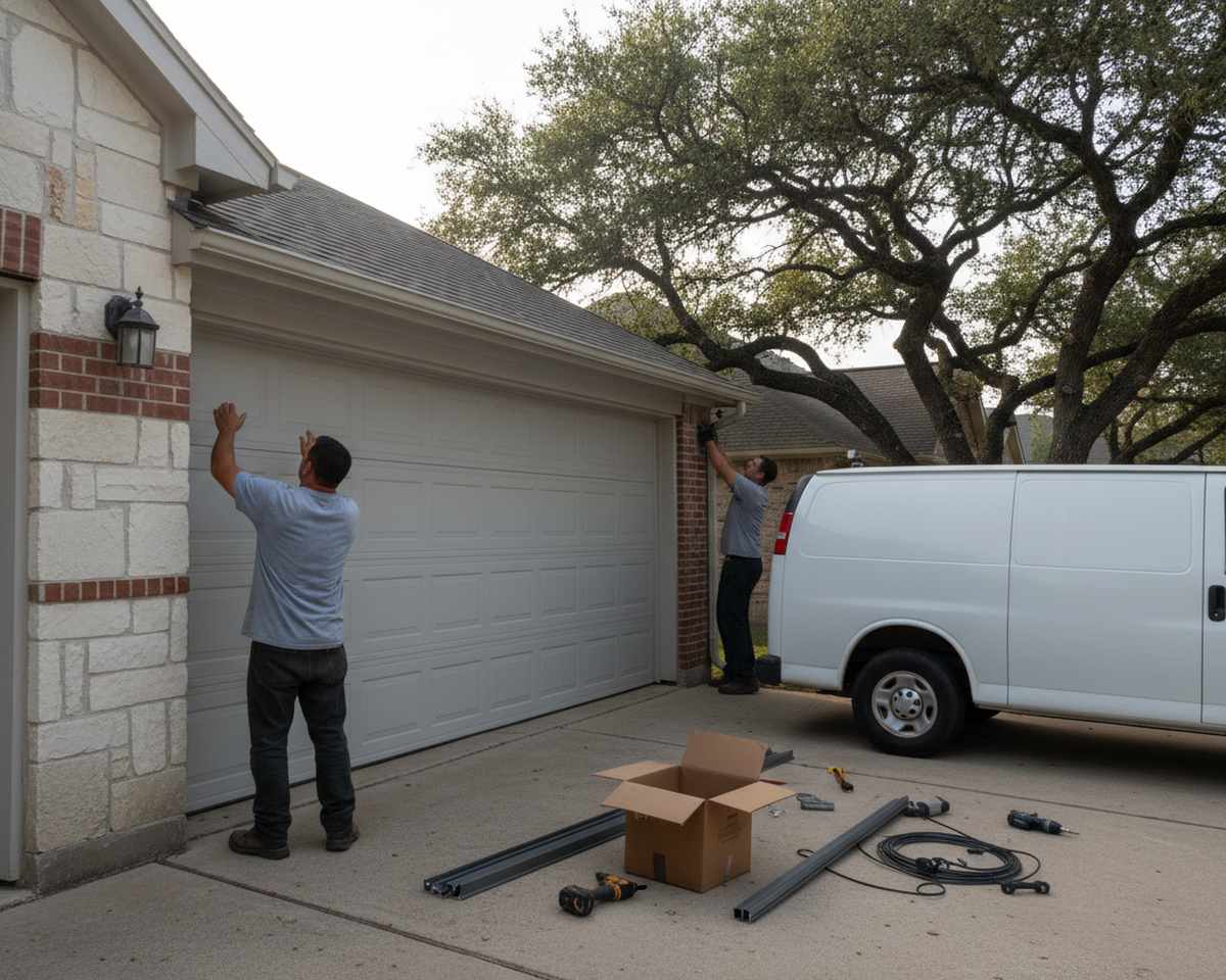 Two fitters steadying a new grey steel door beside new track and hardware during a garage door installation in Round Rock TX
