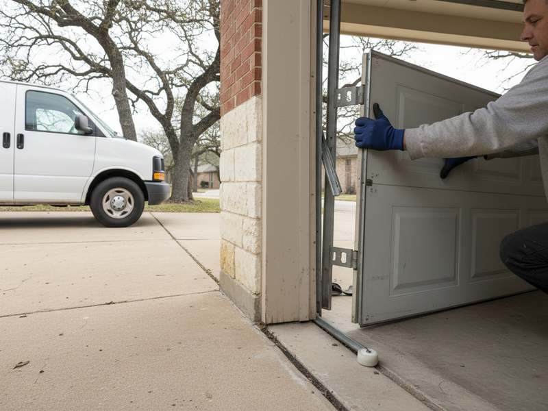 Bottom section of a garage door pulled clear of its vertical track with the roller loose on the driveway