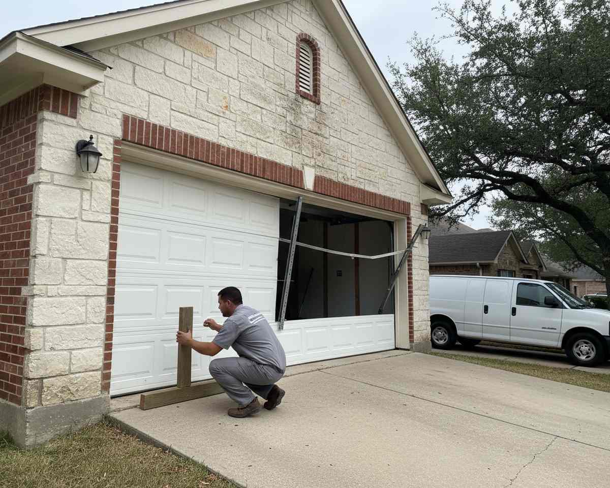 Technician supporting a derailed door before garage door off track repair in Round Rock TX