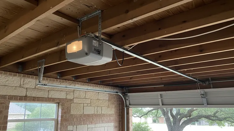 Ceiling-mounted garage door opener with its light on, hanging from the joists of a Round Rock garage with the door raised