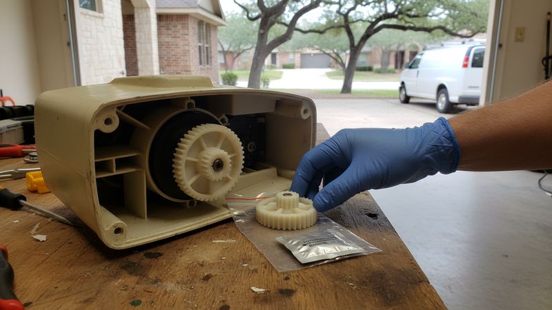 Stripped plastic drive gear and replacement gear kit beside an opened motor head housing