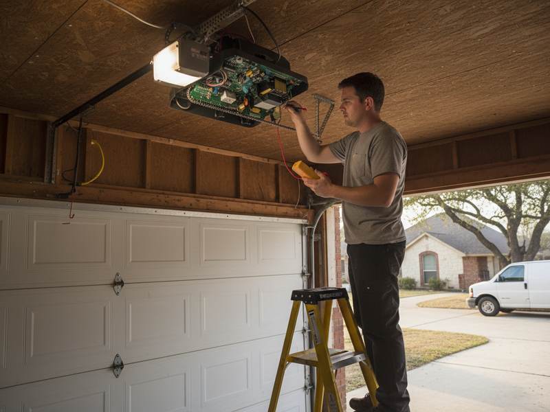 Technician on a step ladder checking the exposed logic board of a ceiling mounted opener with a multimeter