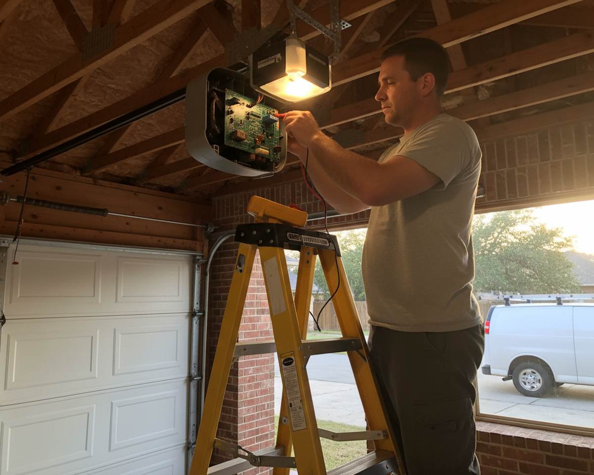 Technician touching a multimeter probe to the exposed logic board during a garage door opener repair in Round Rock TX