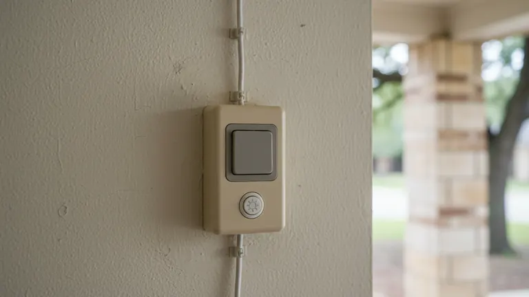 Wall-mounted garage door opener control and its low-voltage wire run along the drywall of a Round Rock garage
