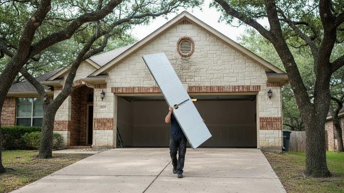 Garage Door Care of Round Rock technician carrying a new white insulated garage door section to a limestone home