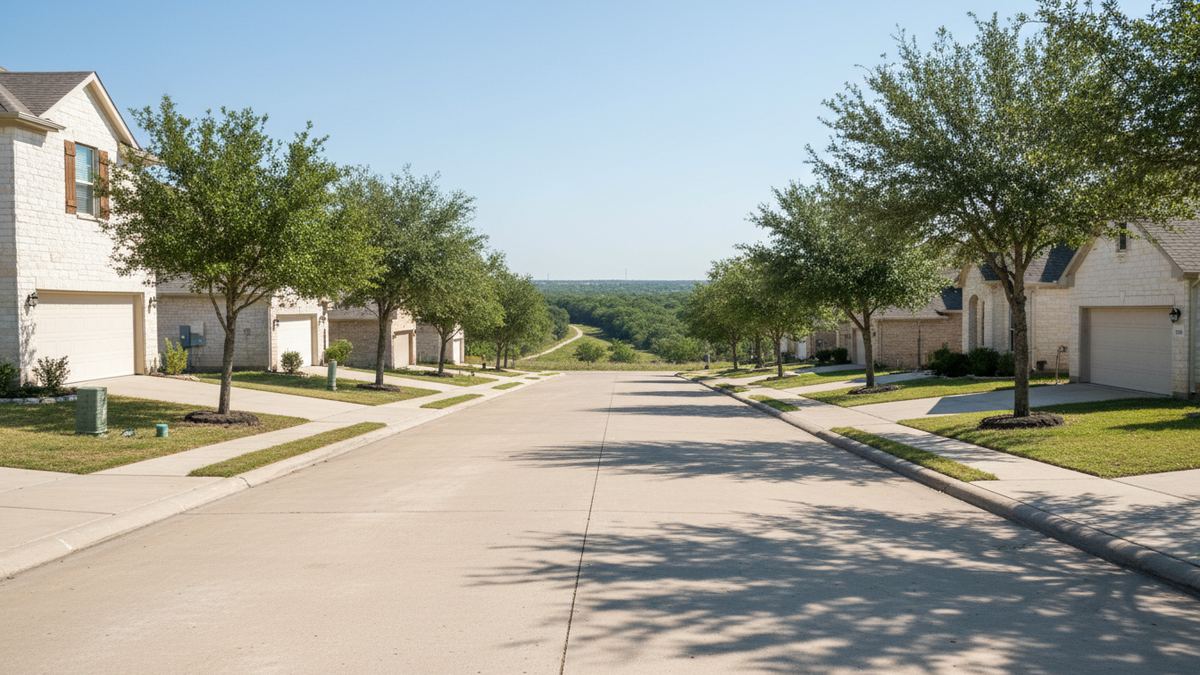 Two-story limestone home with a white double garage door on a curving street in Behrens Ranch, Round Rock