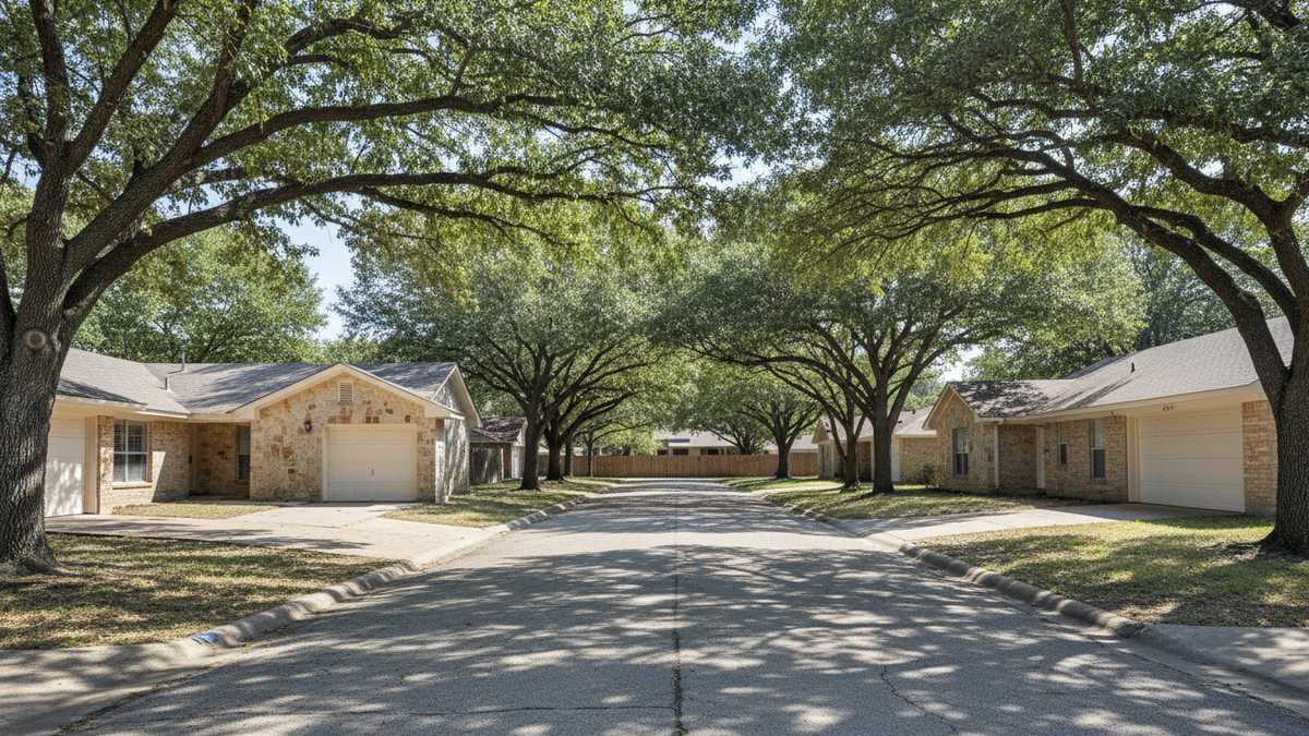 Single-story light brick home with a white garage door on a quiet street in Chisholm Valley, Round Rock