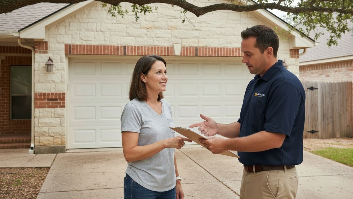 Garage Door Care of Round Rock technician explaining a written estimate to a homeowner on a limestone home driveway