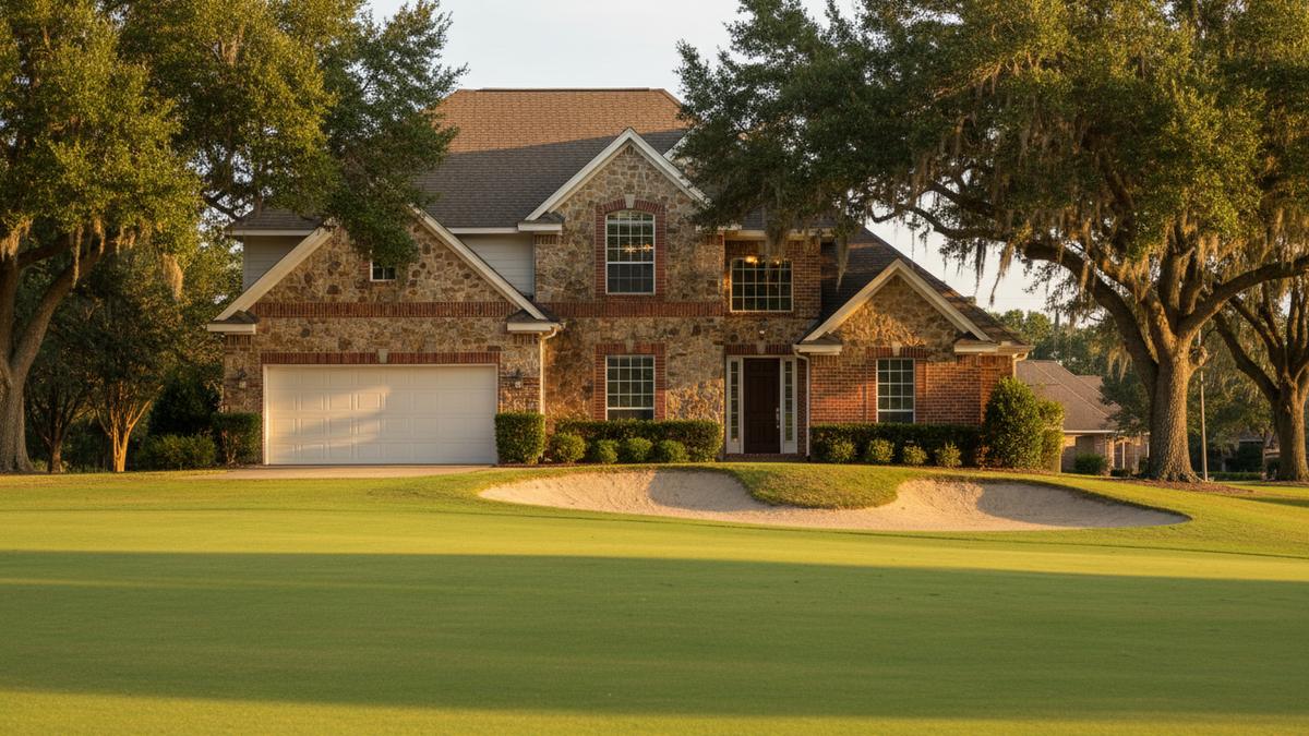 Two-story stone and brick home with a double garage door near a golf course fairway in Forest Creek, Round Rock