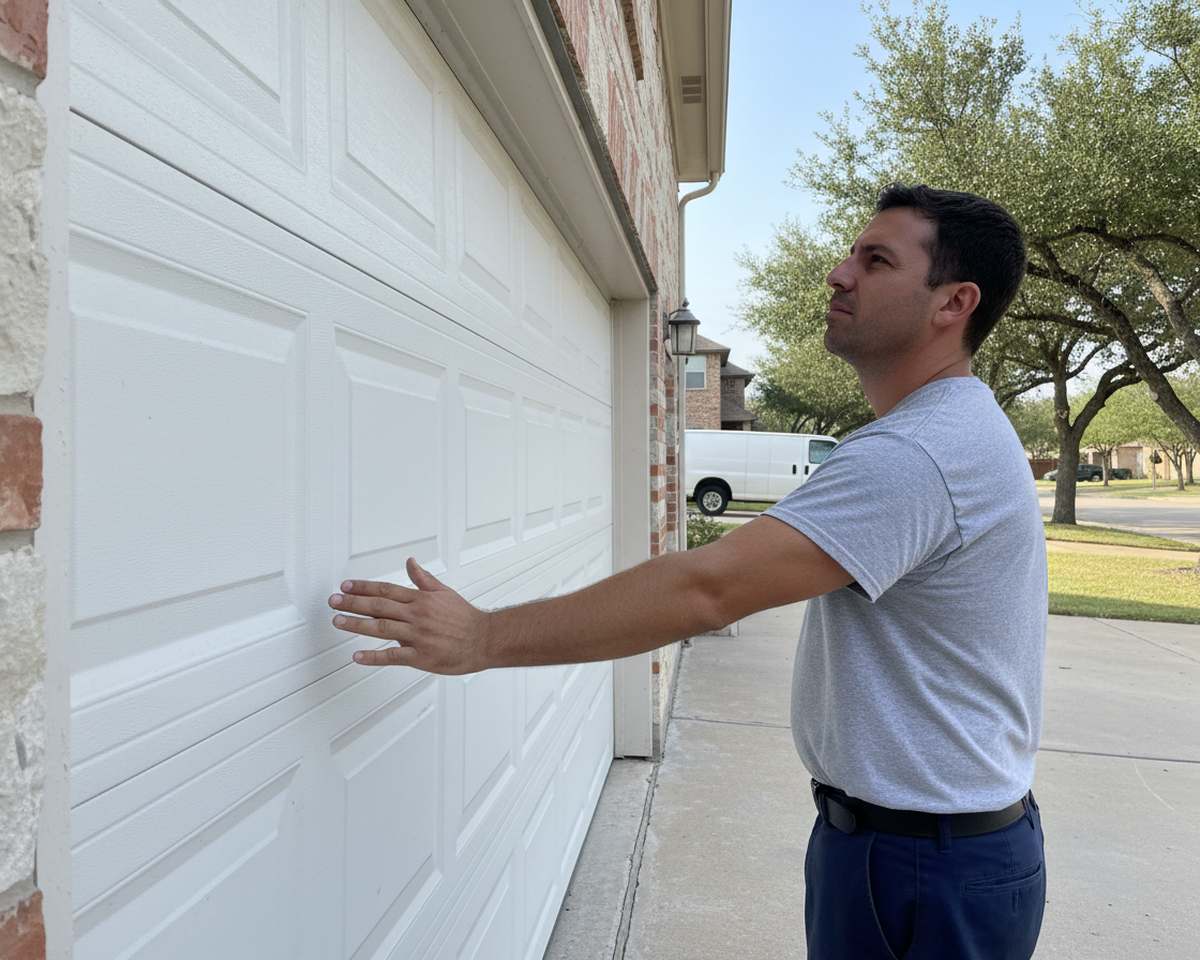 Garage door repair technician resting a hand on the closed white sectional door of a limestone and brick home in Round Rock TX