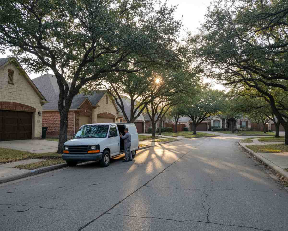 Service van parked on a residential street inside the garage door repair service areas in Round Rock TX