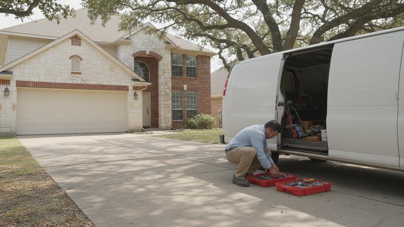 Unbranded service van and open tool trays on a Round Rock driveway ready for a repair