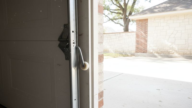 Garage door roller sitting outside its vertical track beside the twisted hinge on the door section