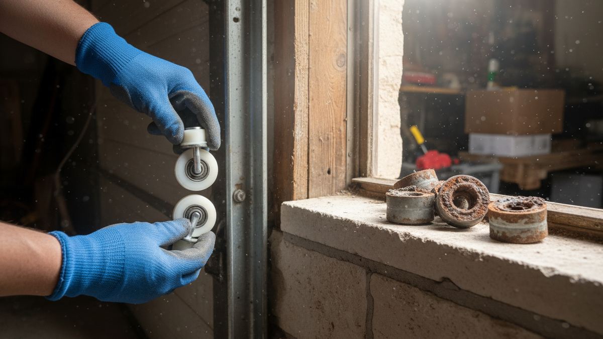Gloved hands lifting a worn steel roller out of the service slot in a garage door track in Round Rock