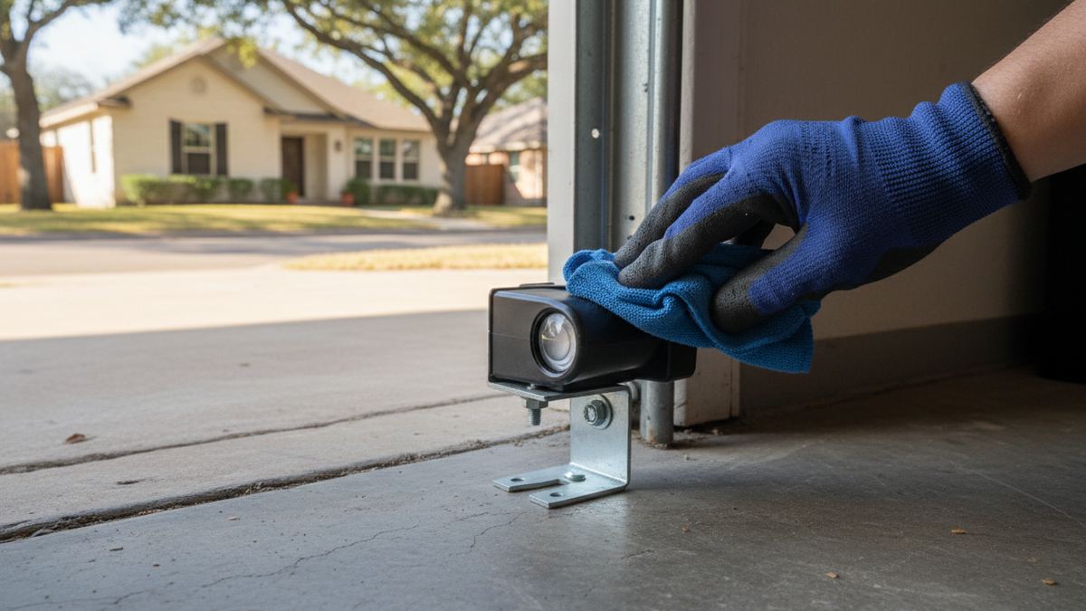 Gloved finger wiping the lens of a garage door photo-eye sensor on the track near the floor of a Round Rock garage