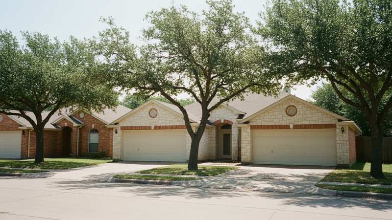 Suburban street of brick and limestone homes with double garage doors in Round Rock TX