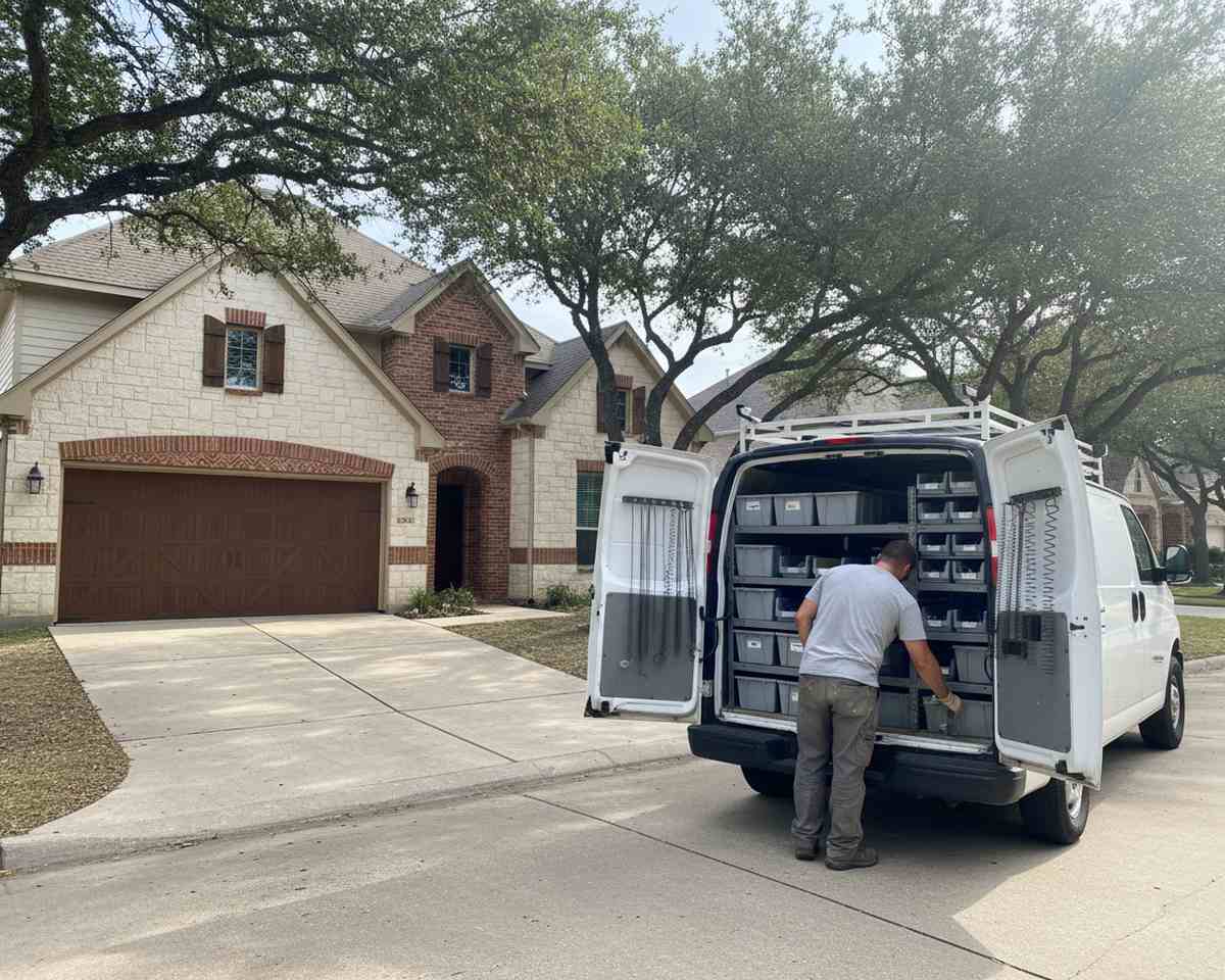 Van doors open on a driveway showing the parts carried for garage door services in Round Rock TX