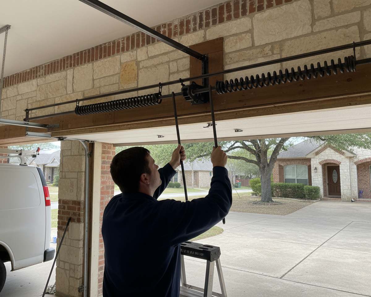 Technician levering a winding bar in the cone of a torsion spring during a garage door spring repair in Round Rock TX
