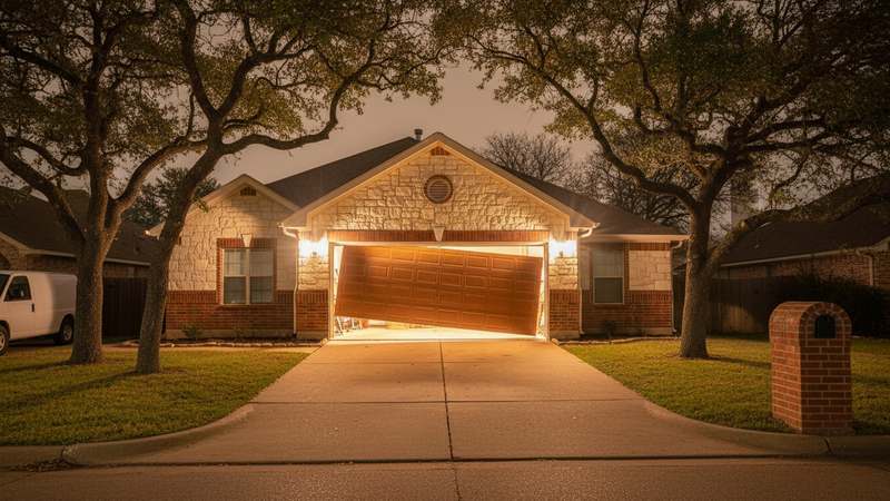 Garage door stuck part way open at night with interior light spilling across the driveway