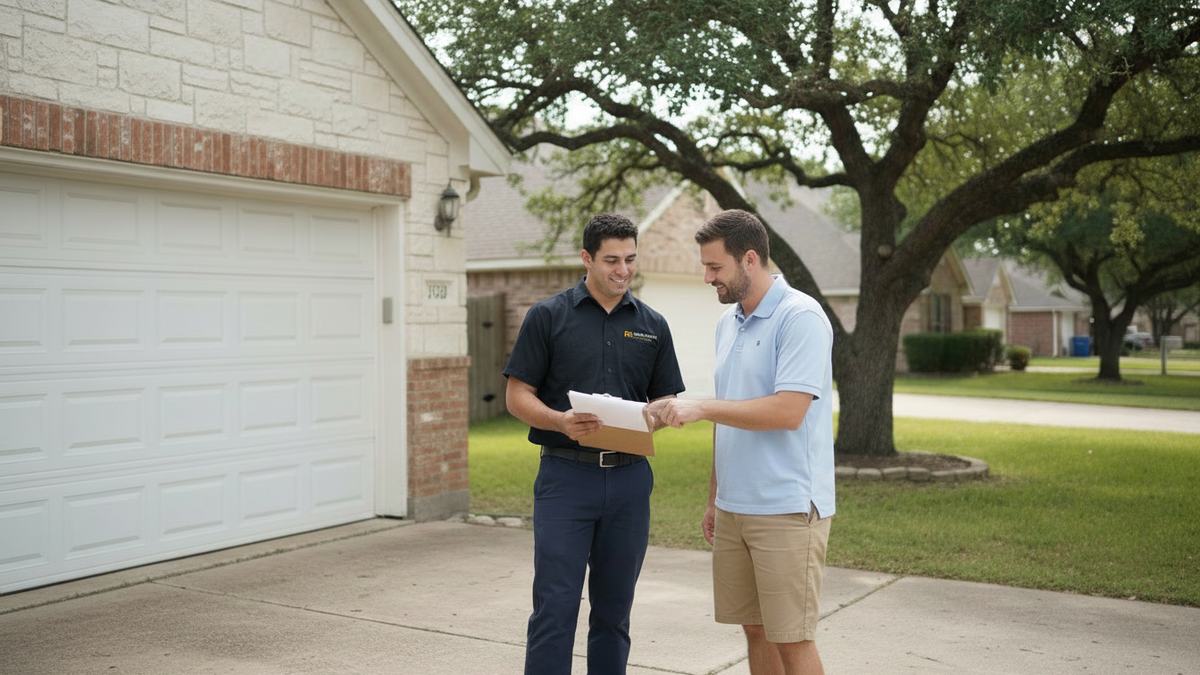 Garage Door Care of Round Rock technician in a navy company shirt going over a written quote with a homeowner beside a closed white garage door