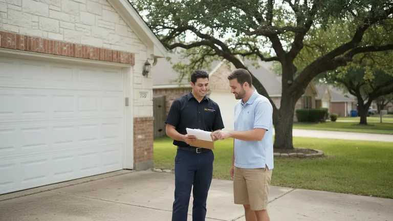Garage Door Care of Round Rock technician in a navy company shirt going over a written quote with a homeowner beside a closed white garage door