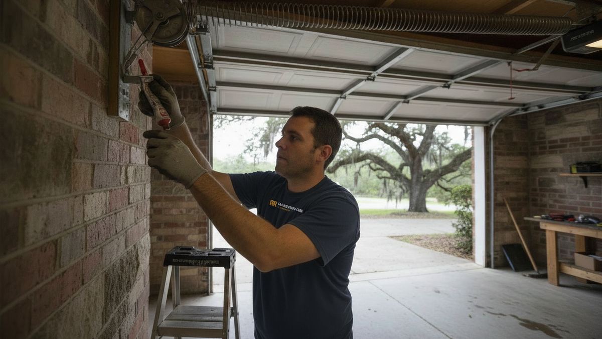 Garage Door Care of Round Rock technician greasing the torsion shaft bearing plate above a raised garage door