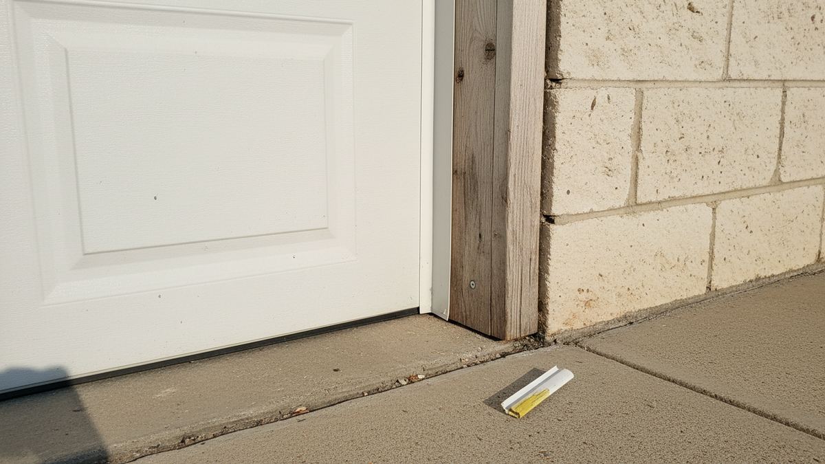 New flexible vinyl stop molding sealing against a closed white garage door on a wood jamb set in pale limestone in Round Rock