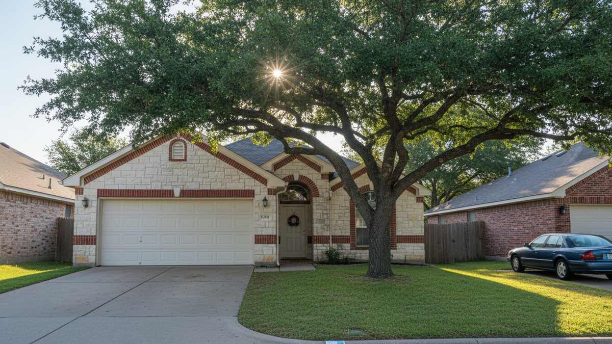 Closed white garage door on a limestone and brick Round Rock home under a live oak on a quiet morning