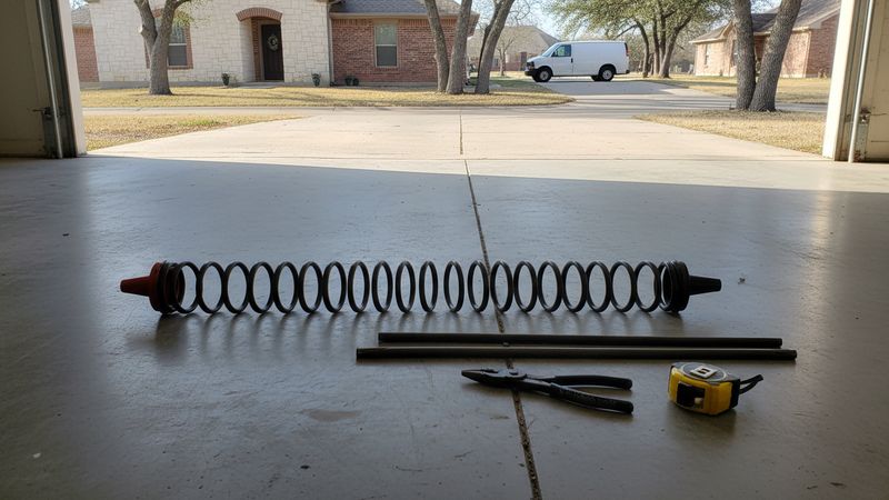 New torsion spring with its cones, two winding bars, pliers and a tape measure laid out on a garage floor