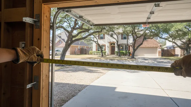 Tape measure stretched across the opening of a Round Rock garage with the door raised and the track and header visible