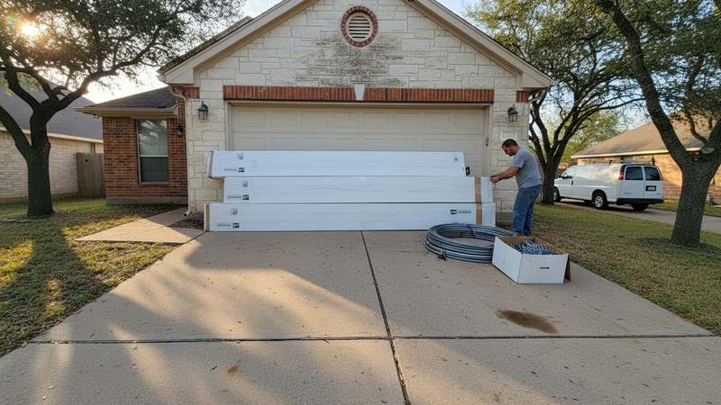 New garage door sections in their packaging leaning on a driveway beside coiled track and a hardware box