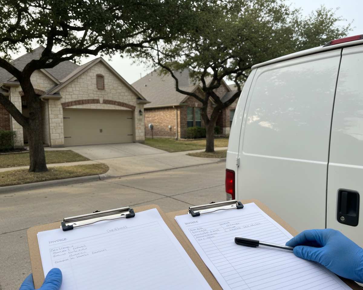 Invoice and job notes on a clipboard beside a garage door repair van in Round Rock TX