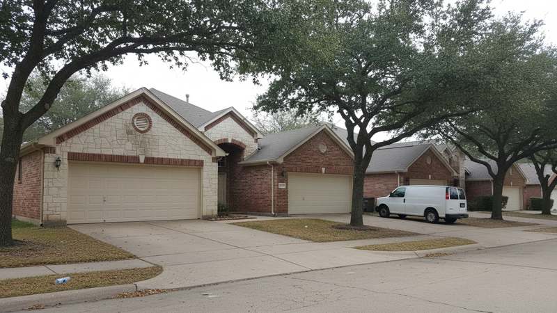 Row of brick and limestone homes with double garage doors on a quiet Round Rock street