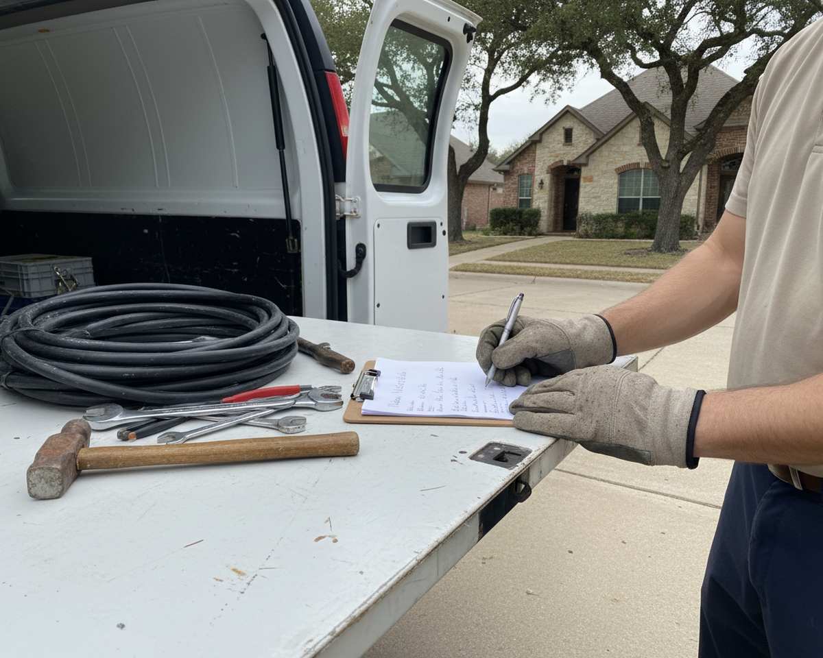 Technician in work gloves filling in a work order on a van tailgate beside coiled cable and spanners in Round Rock TX